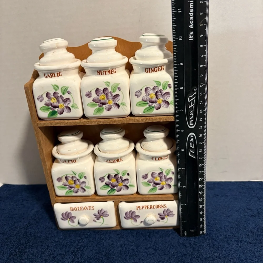 Vintage 8 Pc Ceramic Hand-Painted Floral Spice Container & Cubby Wood Rack Japan